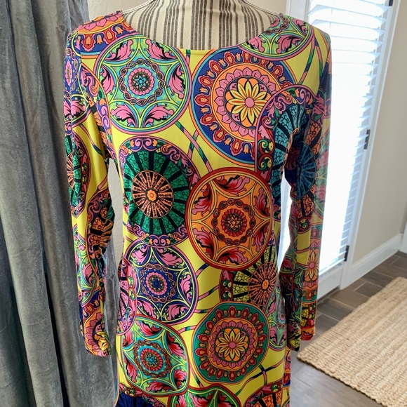 Boho-Vibe Long-sleeve Dress 
Size: M
Color: Yellow background & multi-colors - Picture 3 of 5